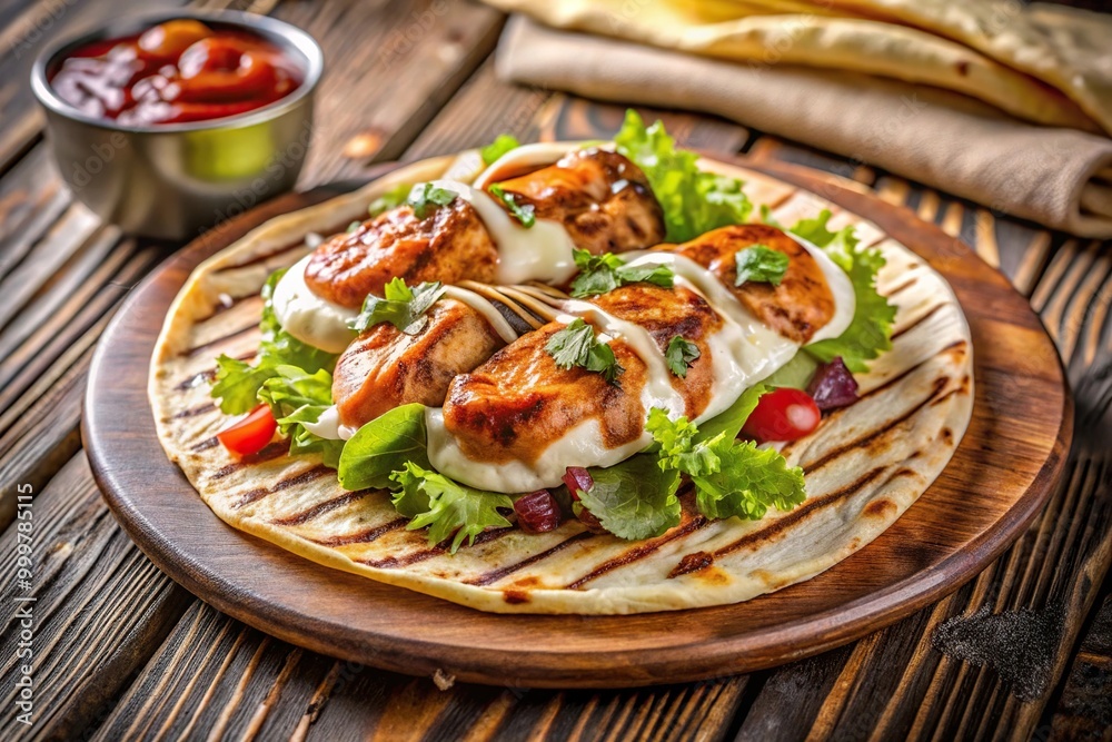 Grilled chicken tortilla with lettuce, mayonnaise, and barbecue sauce Grilled chicken tortilla with lettuce, mayonnaise, and barbecue sauce