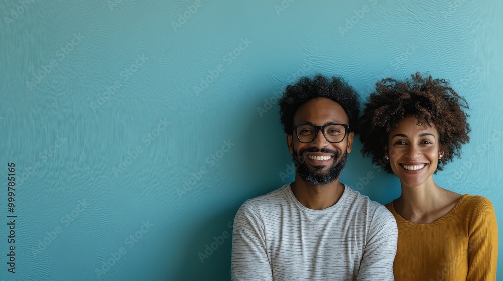A joyful couple in casual clothes, smiling with arms crossed, standing against a blue backdrop, representing happiness, companionship, and spirit of togetherness. A joyful couple in casual clothes, smiling with arms crossed, standing against a blue backdrop, representing happiness, companionship, and spirit of togetherness.
