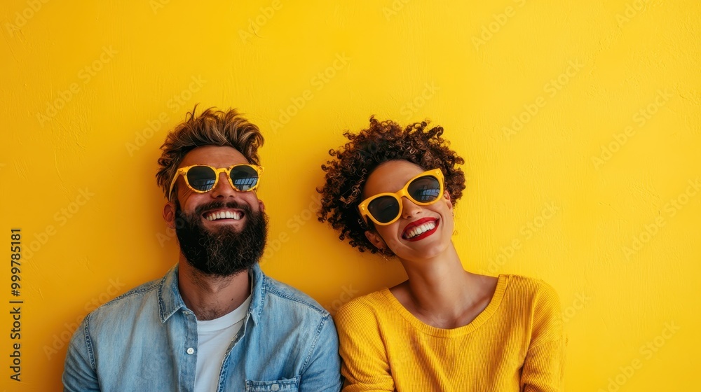 A couple is seen posing closely against a bright yellow background, showcasing their affection and connection while bringing a lively and cheerful aesthetic to the photograph. A couple is seen posing closely against a bright yellow background, showcasing their affection and connection while bringing a lively and cheerful aesthetic to the photograph.