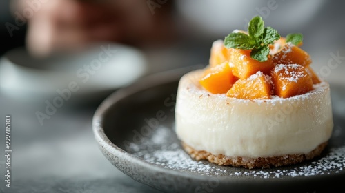 A mouth-watering cheesecake topped with diced mango pieces, garnished with a fresh mint leaf, and dusted with powdered sugar served on a dark plate.