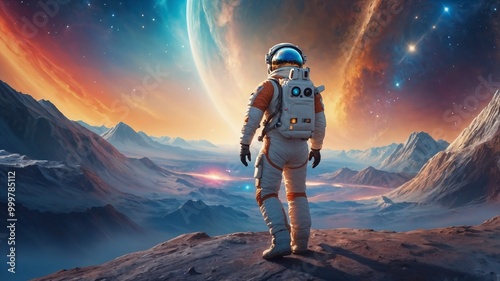 Astronaut on the background of the planet. 3d rendering