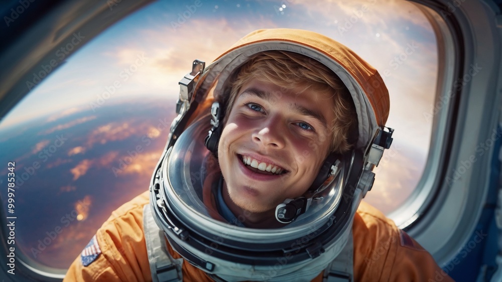 Portrait of a smiling boy in an astronaut helmet against the background of the earth Portrait of a smiling boy in an astronaut helmet against the background of the earth