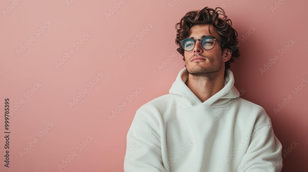 A reflective man in glasses leans against a soft pink wall, exuding a thoughtful and relaxed demeanor, emphasizing modern casual style and introspection. A reflective man in glasses leans against a soft pink wall, exuding a thoughtful and relaxed demeanor, emphasizing modern casual style and introspection.