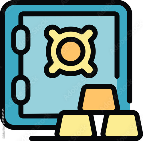 This colorful icon design depicts a bank vault protecting three gold bars filled with treasure