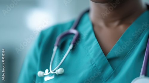 A closeup image of a nurse wearing teal scrubs and a stethoscope around the neck, likely in a clinical setting, representing attentive healthcare service. photo