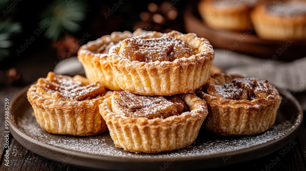 A close-up image of a festive plate of baked tarts topped with powdered sugar depicts a mouth-watering holiday treat, inviting and perfectly placed on a dark plate for contrast. A close-up image of a festive plate of baked tarts topped with powdered sugar depicts a mouth-watering holiday treat, inviting and perfectly placed on a dark plate for contrast.