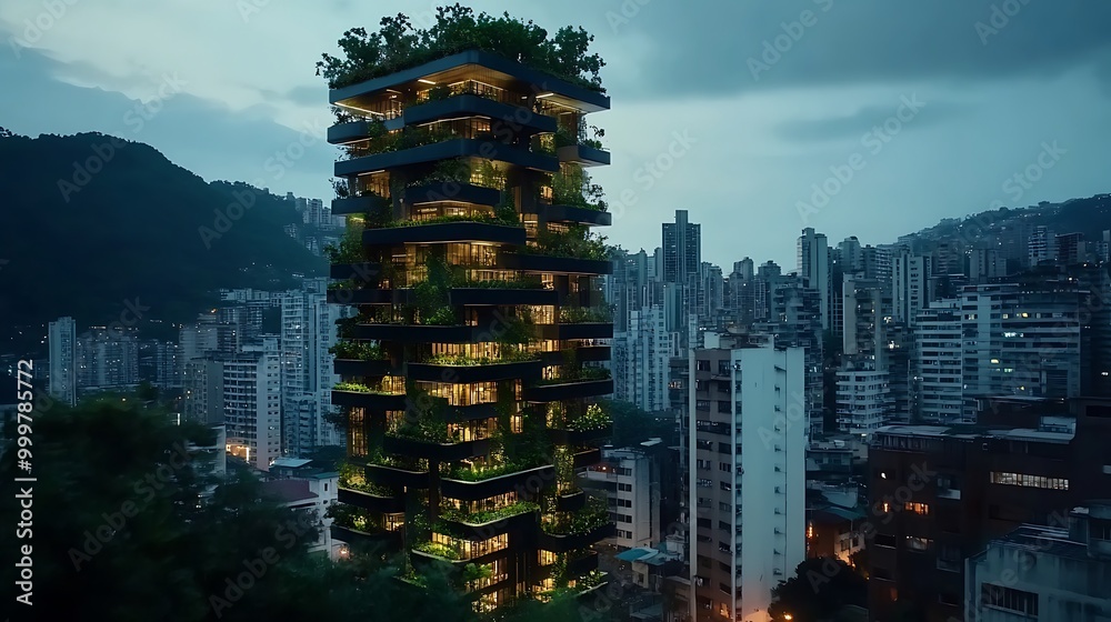 Obraz premium Modern Green Architecture Building With Rooftop Gardens At Night