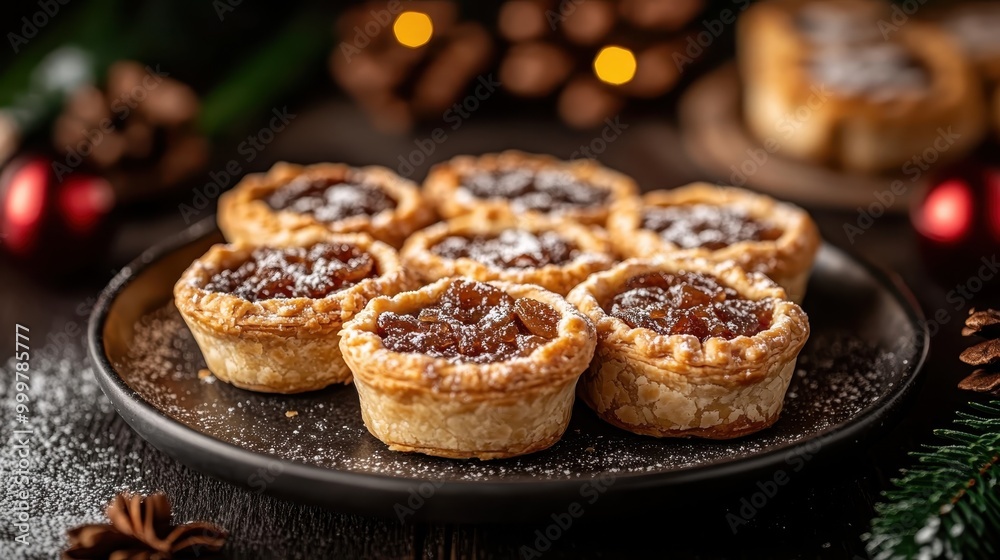 An appetizing display of festive sweet pastries is presented on a dark plate, surrounded by holiday decorations and a dusting of powdered sugar. An appetizing display of festive sweet pastries is presented on a dark plate, surrounded by holiday decorations and a dusting of powdered sugar.