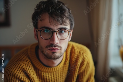 A person wearing glasses and a bright yellow sweater, great for illustration or design use