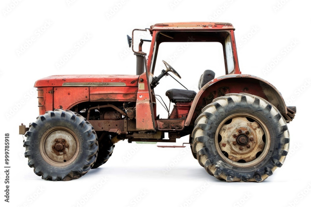 An old red tractor sitting on a white background An old red tractor sitting on a white background