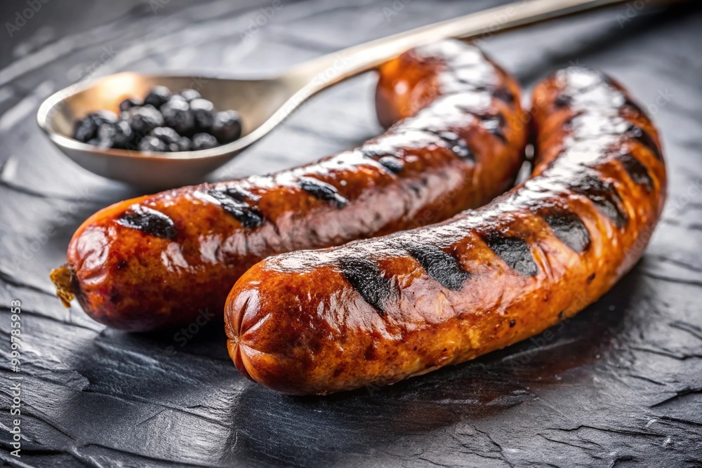 Grilled offal pork sausage and black pudding on a silver stainless steel Macro Grilled offal pork sausage and black pudding on a silver stainless steel Macro