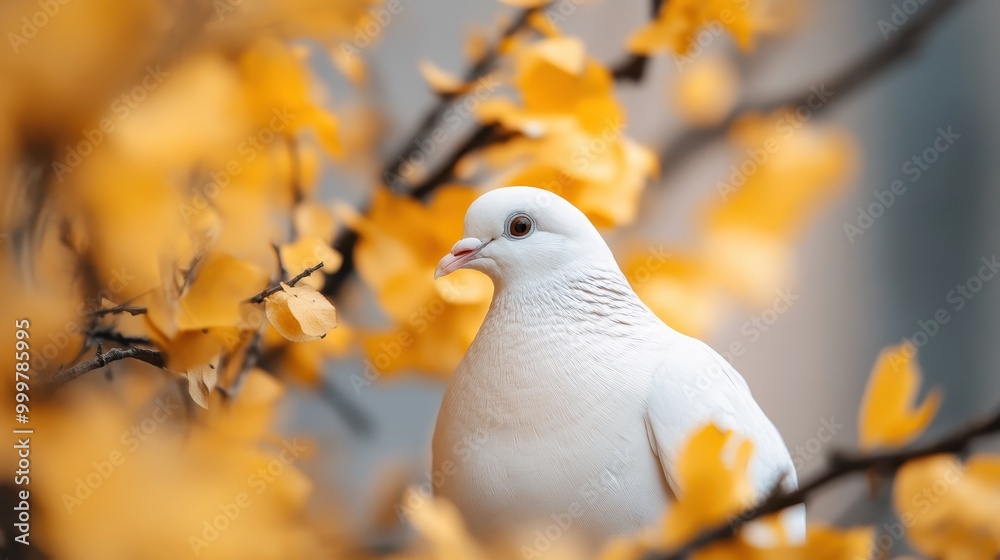 A white dove is seen among autumn leaves on a tree branch, epitomizing the serene and tranquil interaction between a gentle bird and the seasonal transformation of nature. A white dove is seen among autumn leaves on a tree branch, epitomizing the serene and tranquil interaction between a gentle bird and the seasonal transformation of nature.