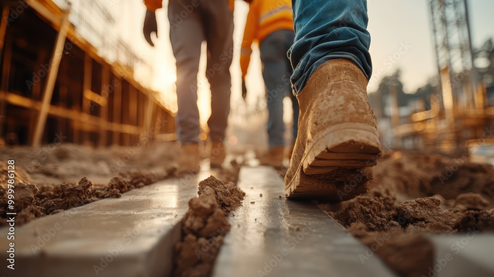 Construction workers are seen walking on a job site, highlighting their rugged boots and gear, exemplifying the hard work, dedication, and hustle within the construction industry. Construction workers are seen walking on a job site, highlighting their rugged boots and gear, exemplifying the hard work, dedication, and hustle within the construction industry.