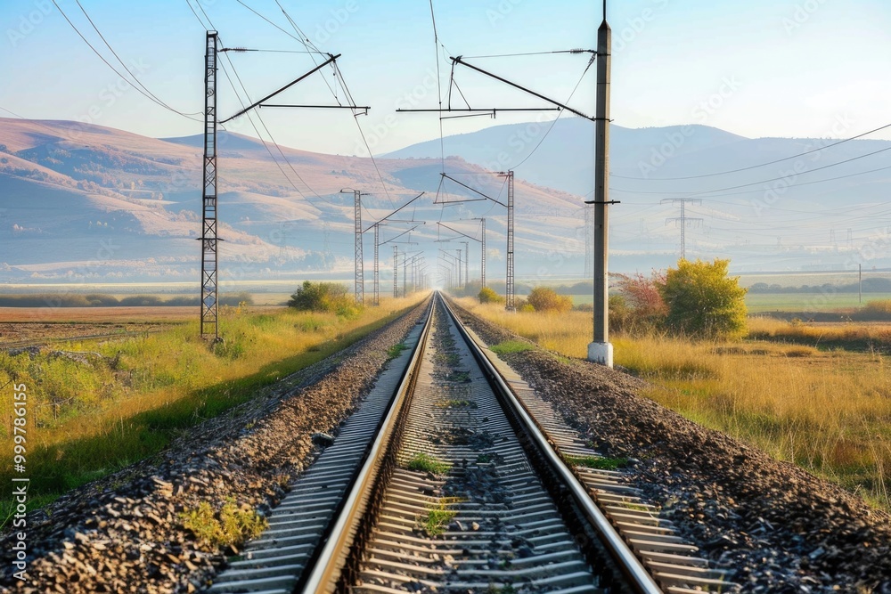 A train track runs through a green field surrounded by mountains A train track runs through a green field surrounded by mountains