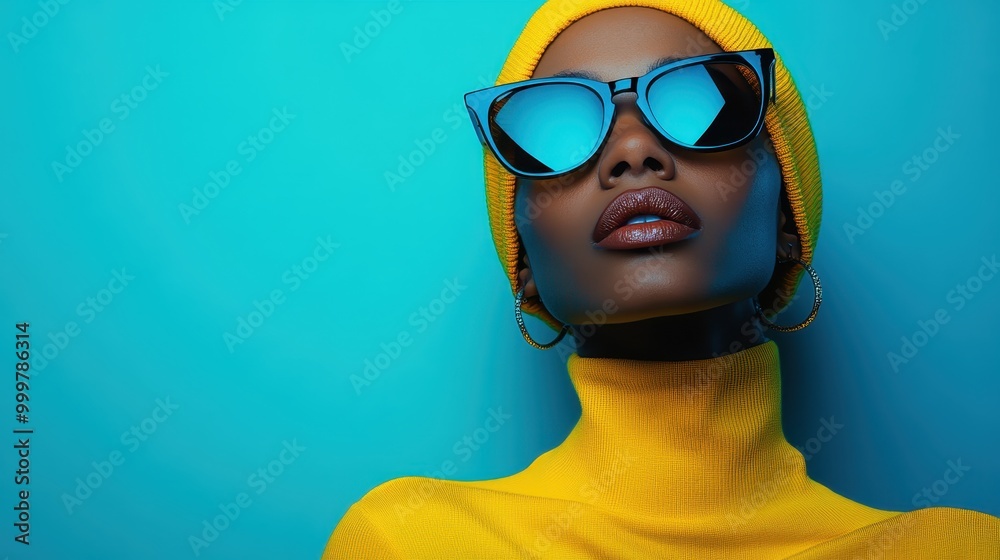 Individual wearing a bright yellow sweater, accessorized with sunglasses, hoop earrings, and a headscarf, all set against a vibrant blue background.