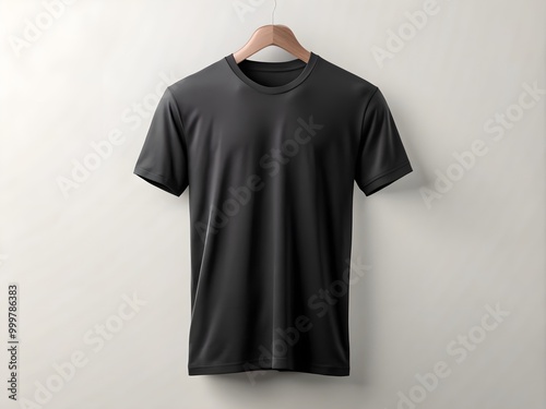 Black t shirt blank mockup on white solid color background.