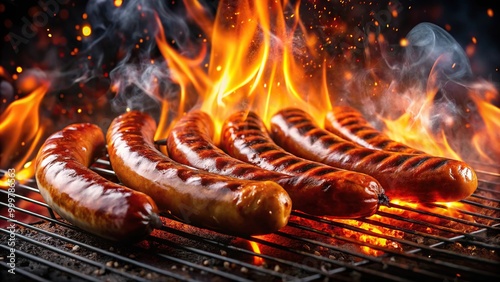 Grilled sausages on fire explosion background photo