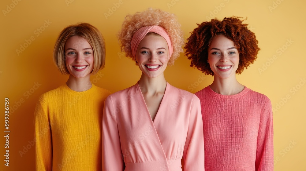 Three women cheerfully smile and pose in vibrant dresses against a yellow background, highlighting joy, friendship, and a spirited sense of modern fashion. Three women cheerfully smile and pose in vibrant dresses against a yellow background, highlighting joy, friendship, and a spirited sense of modern fashion.