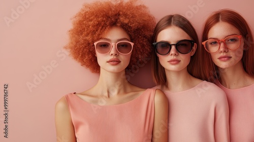 Three stylish women with diverse hairstyles showcase trendy pink outfits and accessories, emphasizing fashion diversity, individuality, and contemporary aesthetics.