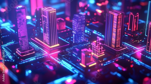 Smart city 3D neon glowing cityscape. Intelligent building automation night futuristic business concept. Web online vivid color cyberpunk retrowave. Urban technology banner vector illustration. 