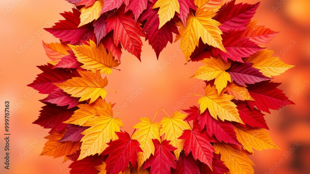 Bright fall leaves in circle shape on warm orange background with copyable. Bright fall leaves in circle shape on warm orange background with copyable.