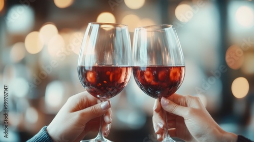 Two hands are raising glasses of red wine in a celebratory toast, set against a background of softly lit bokeh lights that create a warm, festive atmosphere.