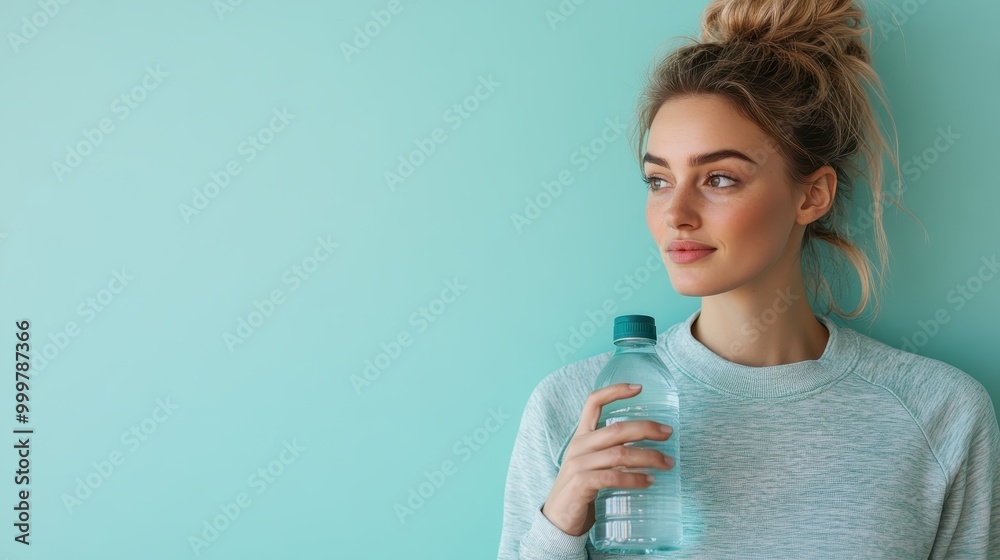A young woman in a casual sweatshirt holding a water bottle stands against a blue background, gazing thoughtfully, embodying calmness and hydration theme. A young woman in a casual sweatshirt holding a water bottle stands against a blue background, gazing thoughtfully, embodying calmness and hydration theme.