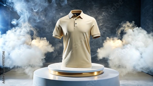 Mock up 3D beige polo shirt on a black background podium with light smoke