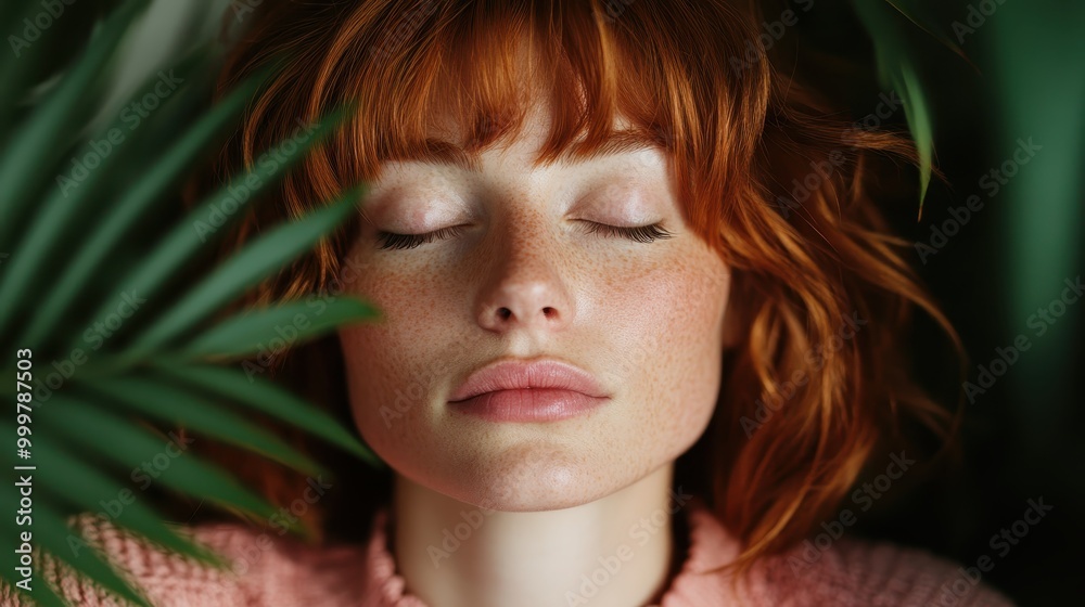 A striking image of a ginger-haired, freckled woman with closed eyes surrounded by lush green leaves, conveying a connection with nature and inner peace. A striking image of a ginger-haired, freckled woman with closed eyes surrounded by lush green leaves, conveying a connection with nature and inner peace.