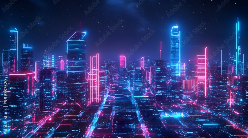 Smart city 3D neon glowing cityscape. Intelligent building automation night futuristic business concept. Web online vivid color cyberpunk retrowave. Urban technology banner vector illustration. Smart city 3D neon glowing cityscape. Intelligent building automation night futuristic business concept. Web online vivid color cyberpunk retrowave. Urban technology banner vector illustration.