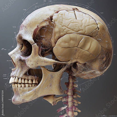 Detailed 3D Render of Human Skull Bones with Texture and Labels for Anatomy Education photo