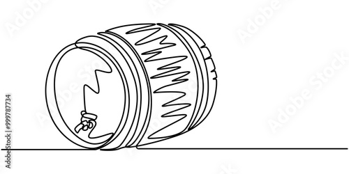 continuous single drawn line art doodle wooden oak beer barrel, alcohol beverage wooden barrel faucet  line art, Old cask one line continuous drawing. Wooden barrel continuous one line illustration.