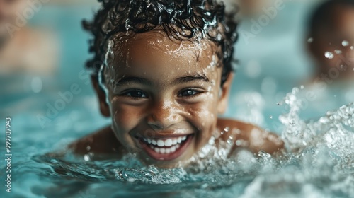 A lively child splashes gleefully in water under bright light, showcasing sheer joy and vitality against a backdrop of playful aquatic motion and childhood innocence.