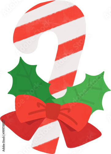 Christmas Candy Cane with Holly Leaves and Red Ribbon