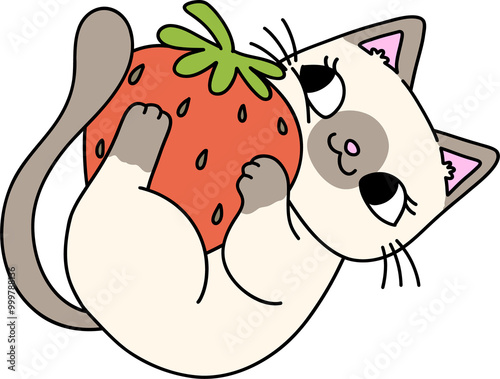 Retro Groovy Strawberry Cat playing Doodle Character