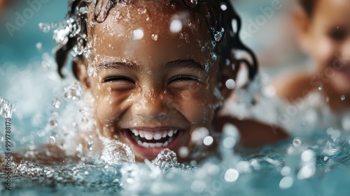 Smiling child splashing joyfully in a pool, drenched in water, with broad grin and sparkling eyes evoking happiness and carefree summer fun, captured mid-action.