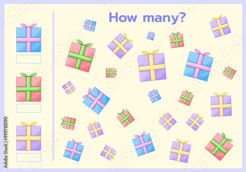 How many gift box, Math Worksheet, Counting game for kid