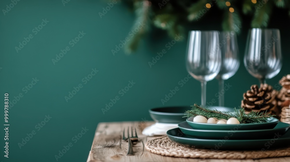 The image captures a green-themed table setting adorned with pine cones, glasses, and a neatly arranged green plate setup on a rustic wooden surface, suggesting a festive occasion. The image captures a green-themed table setting adorned with pine cones, glasses, and a neatly arranged green plate setup on a rustic wooden surface, suggesting a festive occasion.