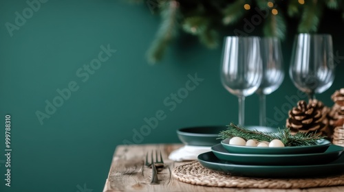 The image captures a green-themed table setting adorned with pine cones, glasses, and a neatly arranged green plate setup on a rustic wooden surface, suggesting a festive occasion. photo