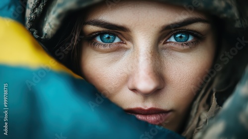 Close-up portrait of a woman with intense blue eyes, dressed in camouflaged military attire, showcasing a serious yet resolved demeanor in her expression.