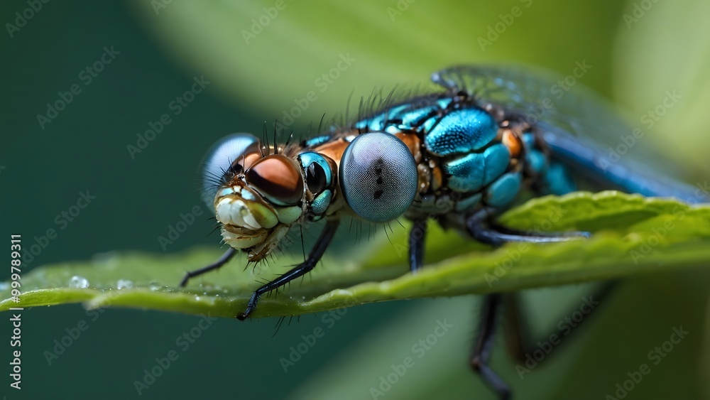 Naklejka premium Colorful Dragonfly Perched on a Leaf in a Lush Garden During the Afternoon Sunlight