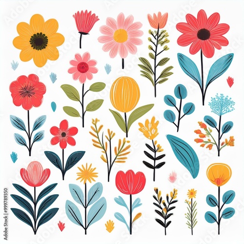 Nature's Whimsy: Flat Hand-Drawn Floral Elements 