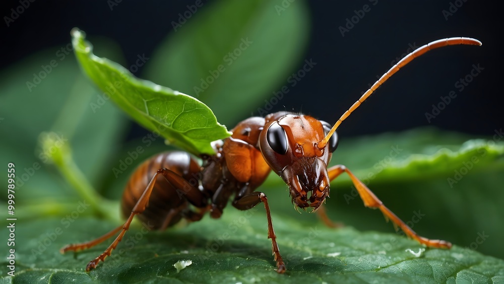 Close-up of an Orange Ant Resting on Green Leaves in a Natural Setting During Daylight Hours Close-up of an Orange Ant Resting on Green Leaves in a Natural Setting During Daylight Hours