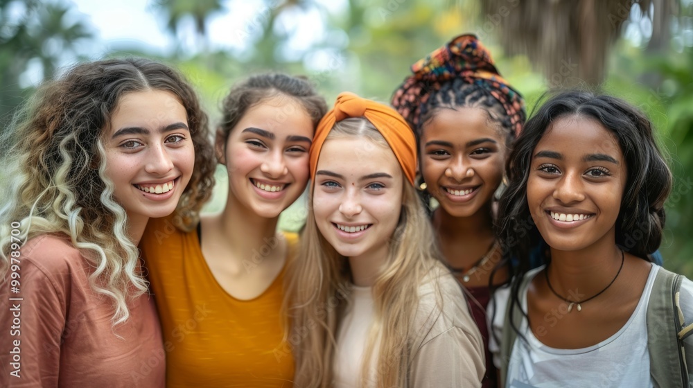 Group of diverse young women, all smiling and standing closely Group of diverse young women, all smiling and standing closely