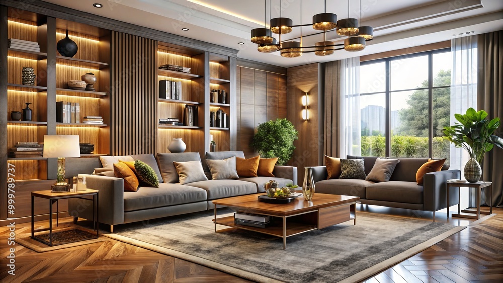 In a cozy living room setting, modern interior design showcases chic furniture and elegant décor, fostering an inviting In a cozy living room setting, modern interior design showcases chic furniture and elegant décor, fostering an inviting