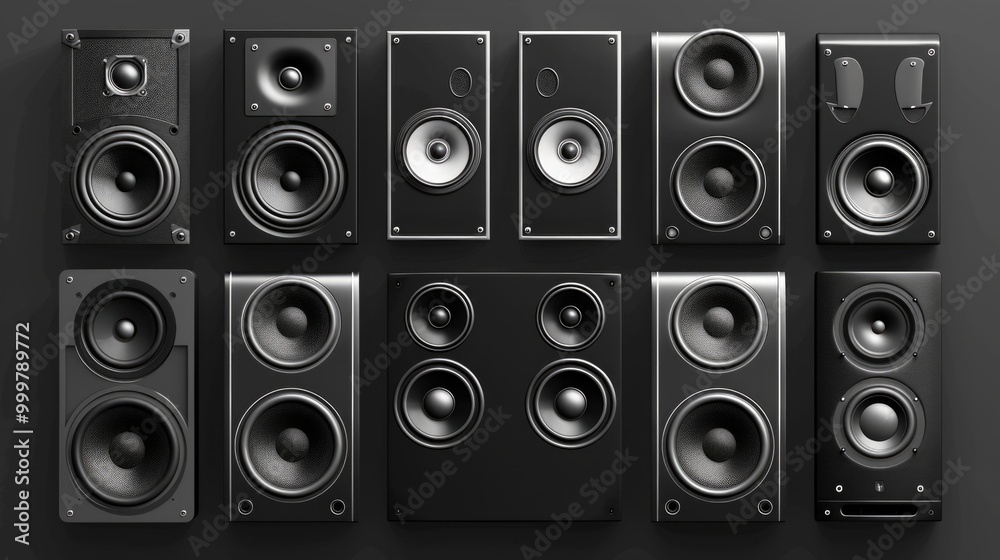 A group of audio equipment photographed in a studio setting, captured in monochrome
