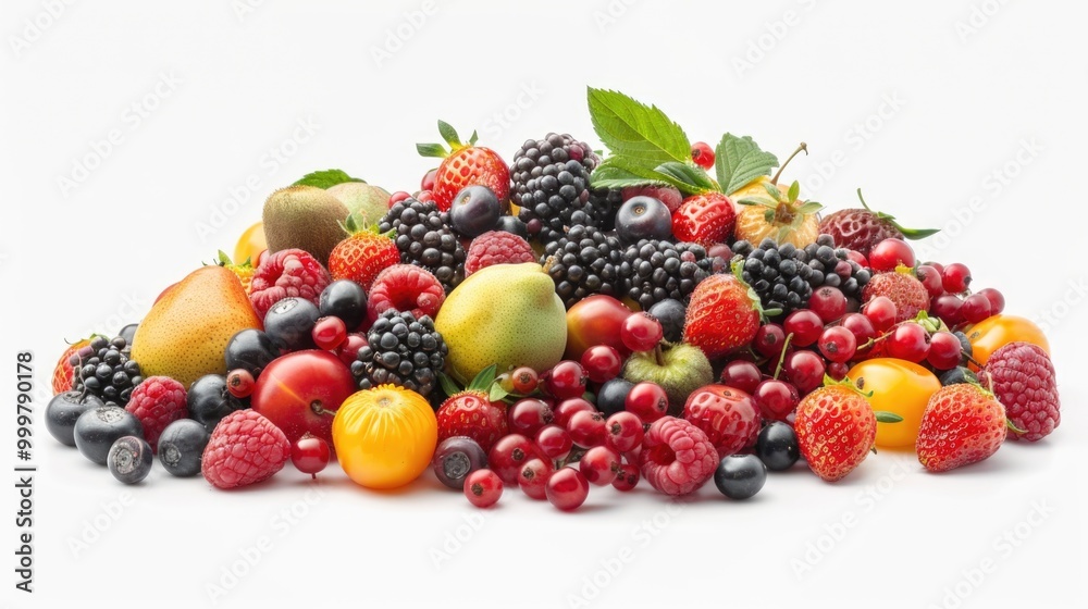 Fresh fruits displayed on a clean white surface Fresh fruits displayed on a clean white surface