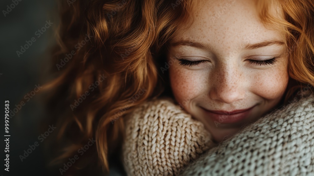 A serene image of a young girl with a peaceful closed-eye smile, enveloped in a chunky knit sweater, exuding warmth and comfort in soft focus. A serene image of a young girl with a peaceful closed-eye smile, enveloped in a chunky knit sweater, exuding warmth and comfort in soft focus.