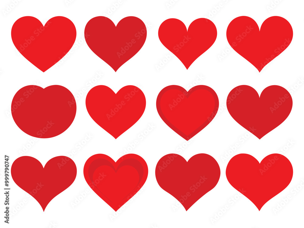 Set of Red Heart Flat Cartoon Icons. Romantic Abstract Symbols in Various Shapes for Valentine's Day. Set of Red Heart Flat Cartoon Icons. Romantic Abstract Symbols in Various Shapes for Valentine's Day.