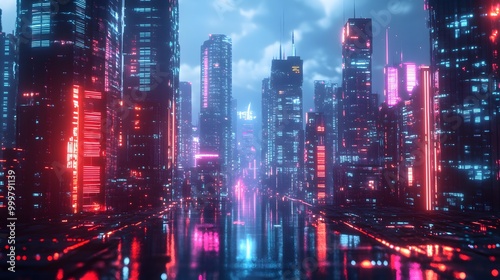 Wallpaper Mural Smart city 3D neon glowing cityscape. Intelligent building automation night futuristic business concept. Web online vivid color cyberpunk retrowave. Urban technology banner vector illustration.  Torontodigital.ca